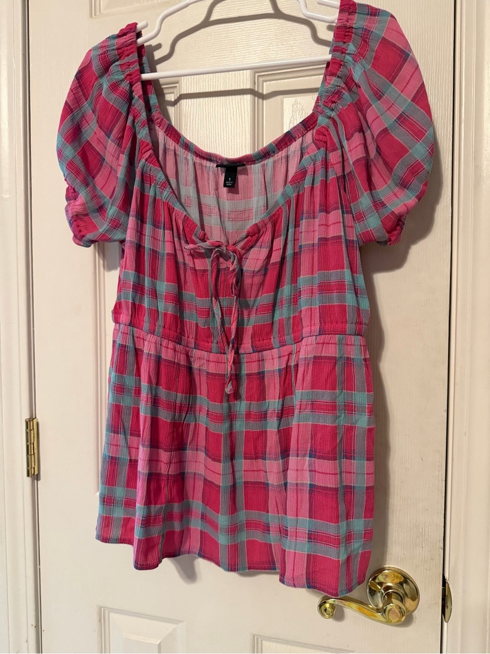 torrid Pink and Teal Plaid Peasant Top